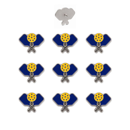 Set of nine navy blue enamel pickleball paddle push pins with yellow ball detail and silver backs