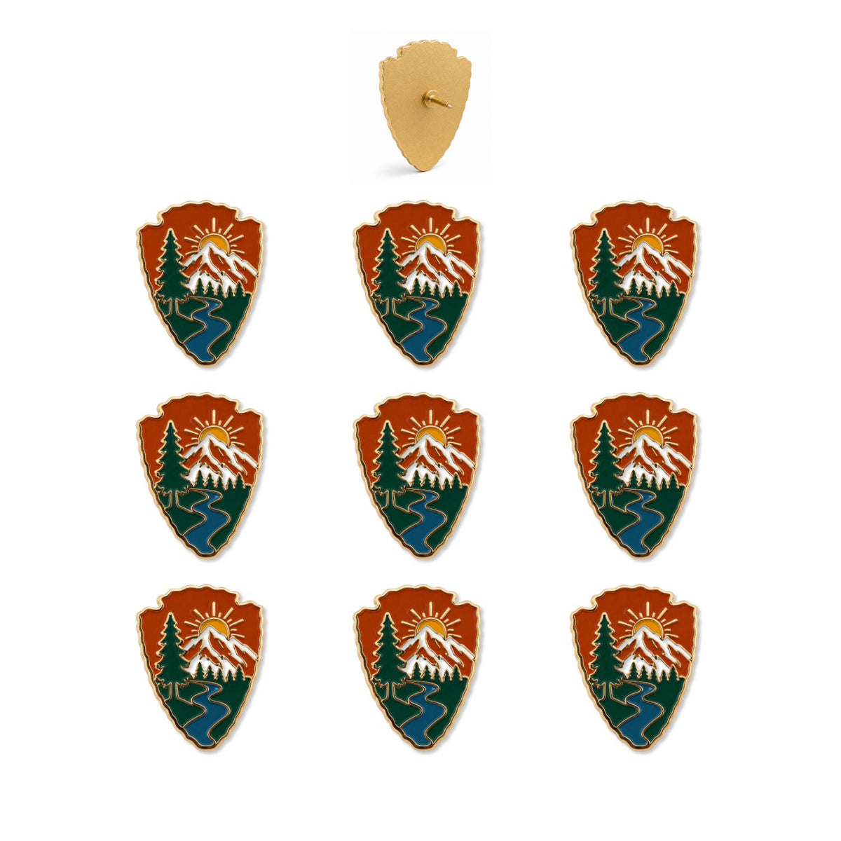 Set of 9 national park arrowhead enamel push pins featuring mountain, pine trees, and river scene