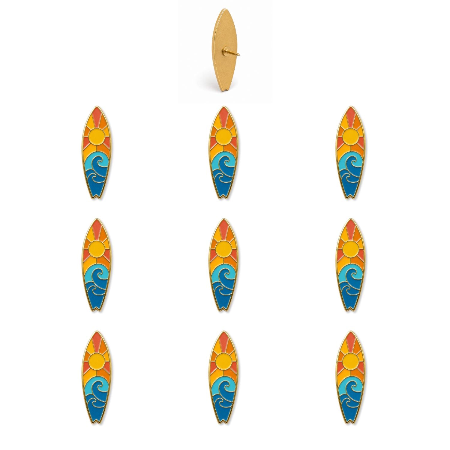 Ten colorful surfboard enamel push pins featuring sunset sky and blue wave design with gold metal backing shown