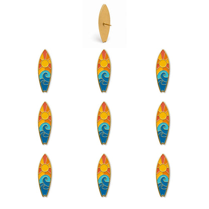 Ten colorful surfboard enamel push pins featuring sunset sky and blue wave design with gold metal backing shown