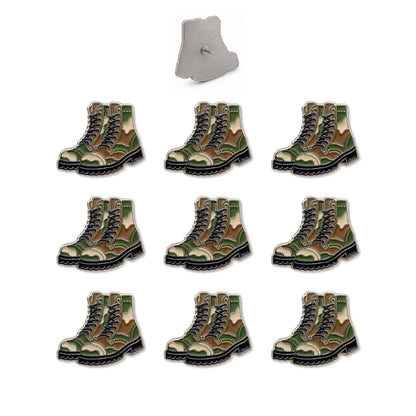 Nine camo combat boot enamel lapel pins with silver backing pin shown separately on white background