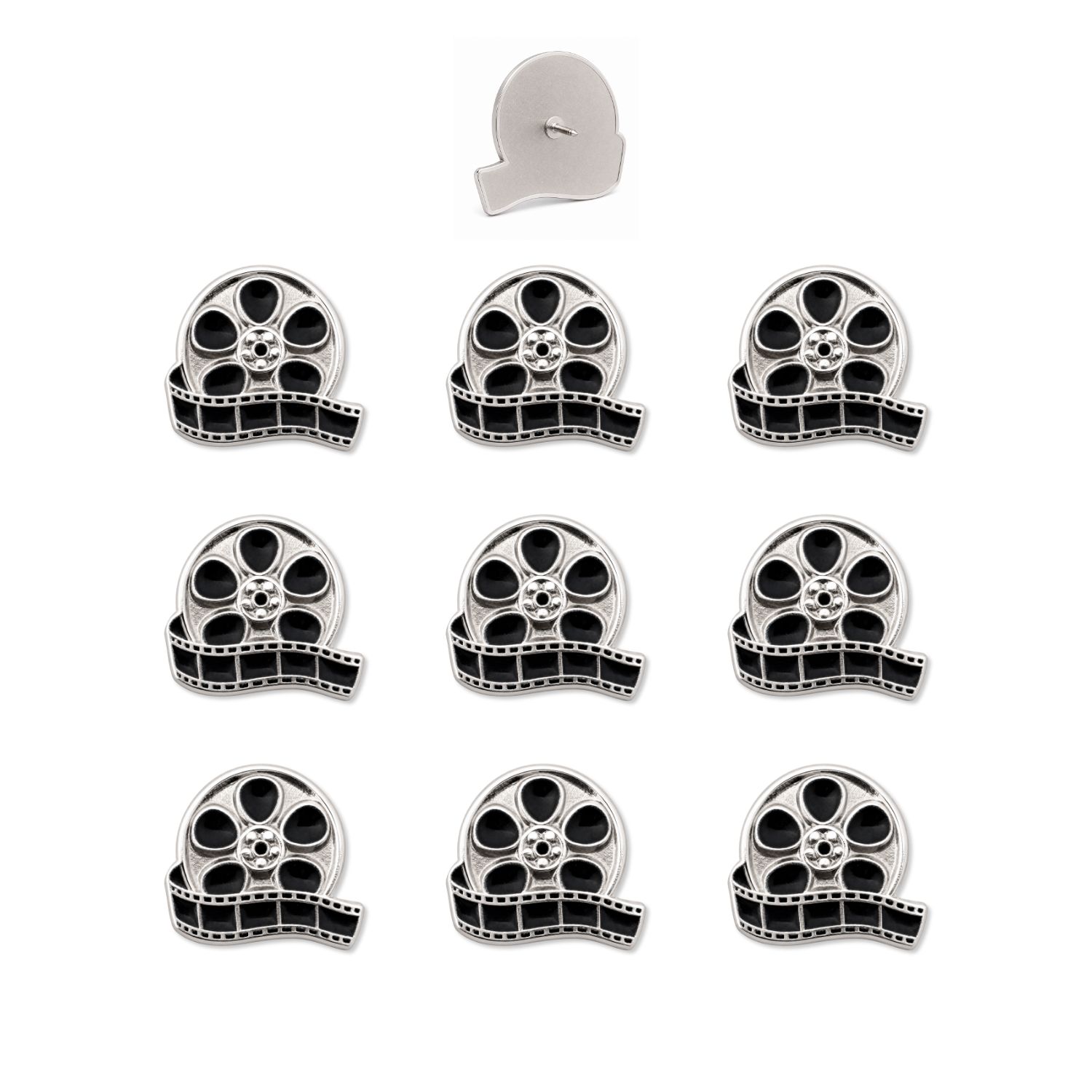 Nine silver and black enamel movie reel push pins with unspooling film strip detail, butterfly clutch backing shown separately