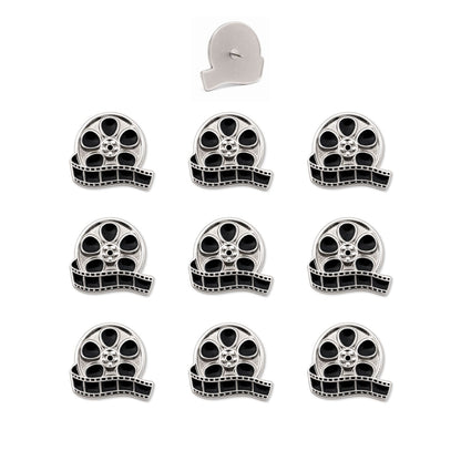 Nine silver and black enamel movie reel push pins with unspooling film strip detail, butterfly clutch backing shown separately