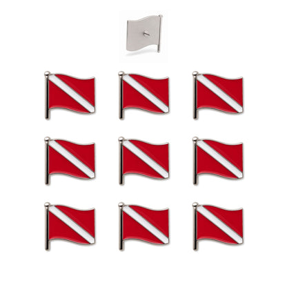 Set of nine red white diver down flag enamel scuba diving push pins with silver nickel flagpole
