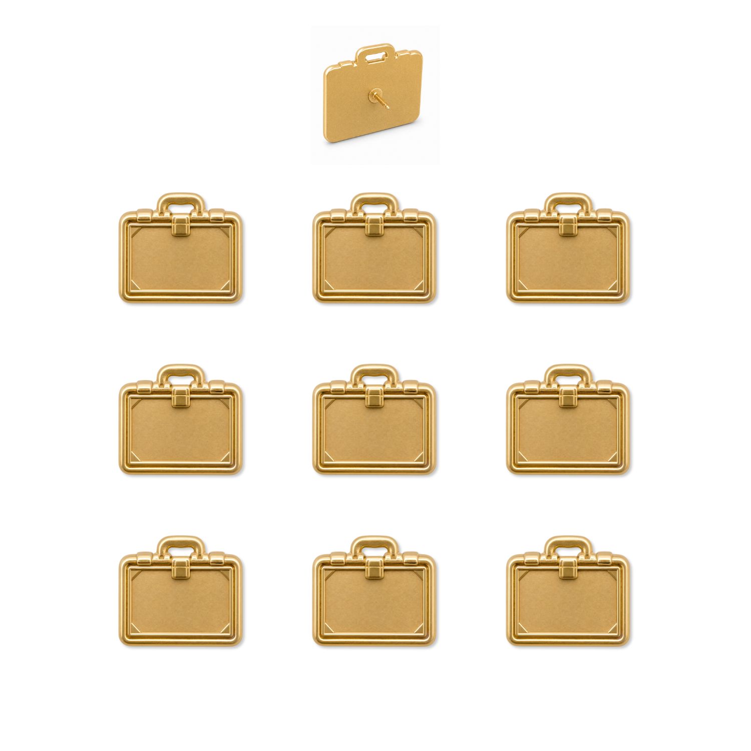 Set of ten gold metal briefcase push pins with 3D detail and pin backing shown on white background