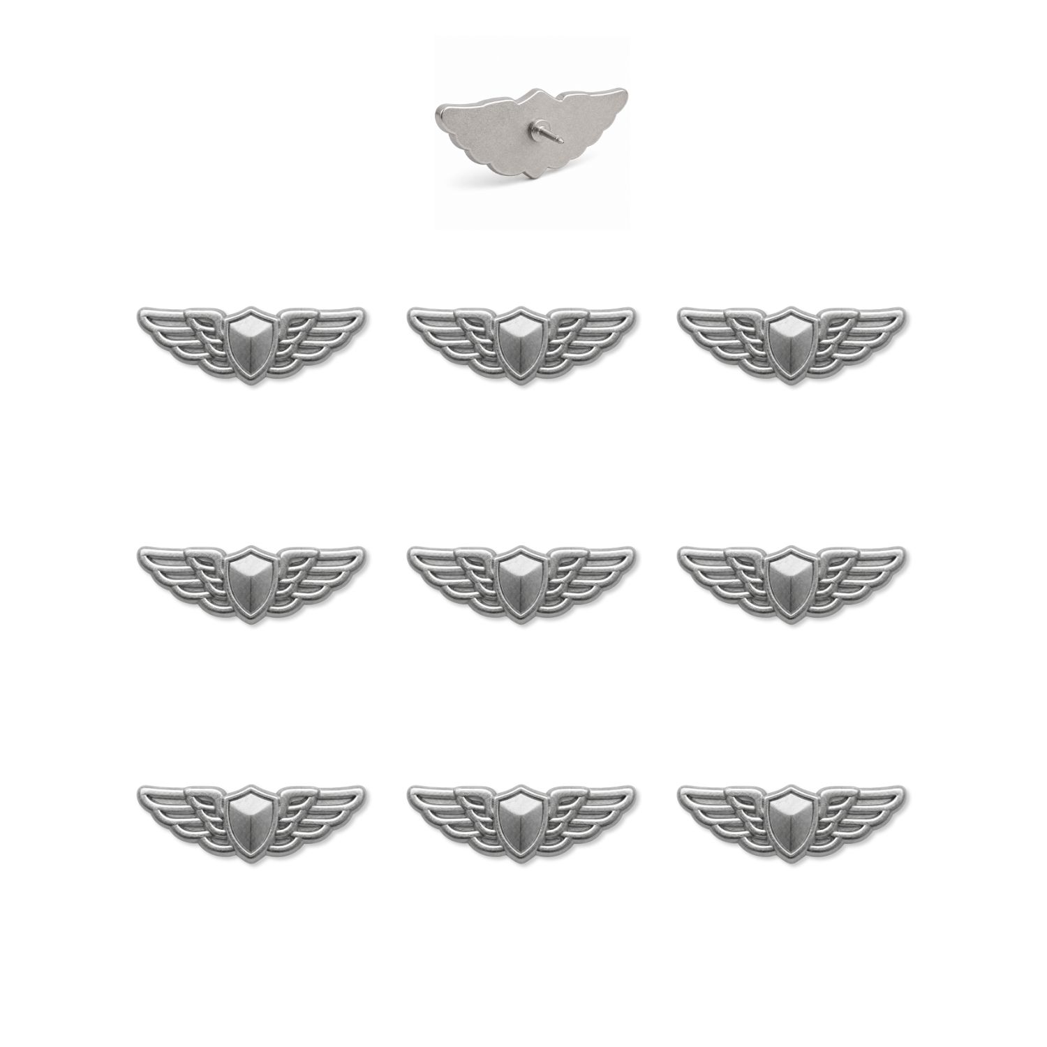 Set of nine silver aviator pilot wings push pins with shield center and pin backing shown