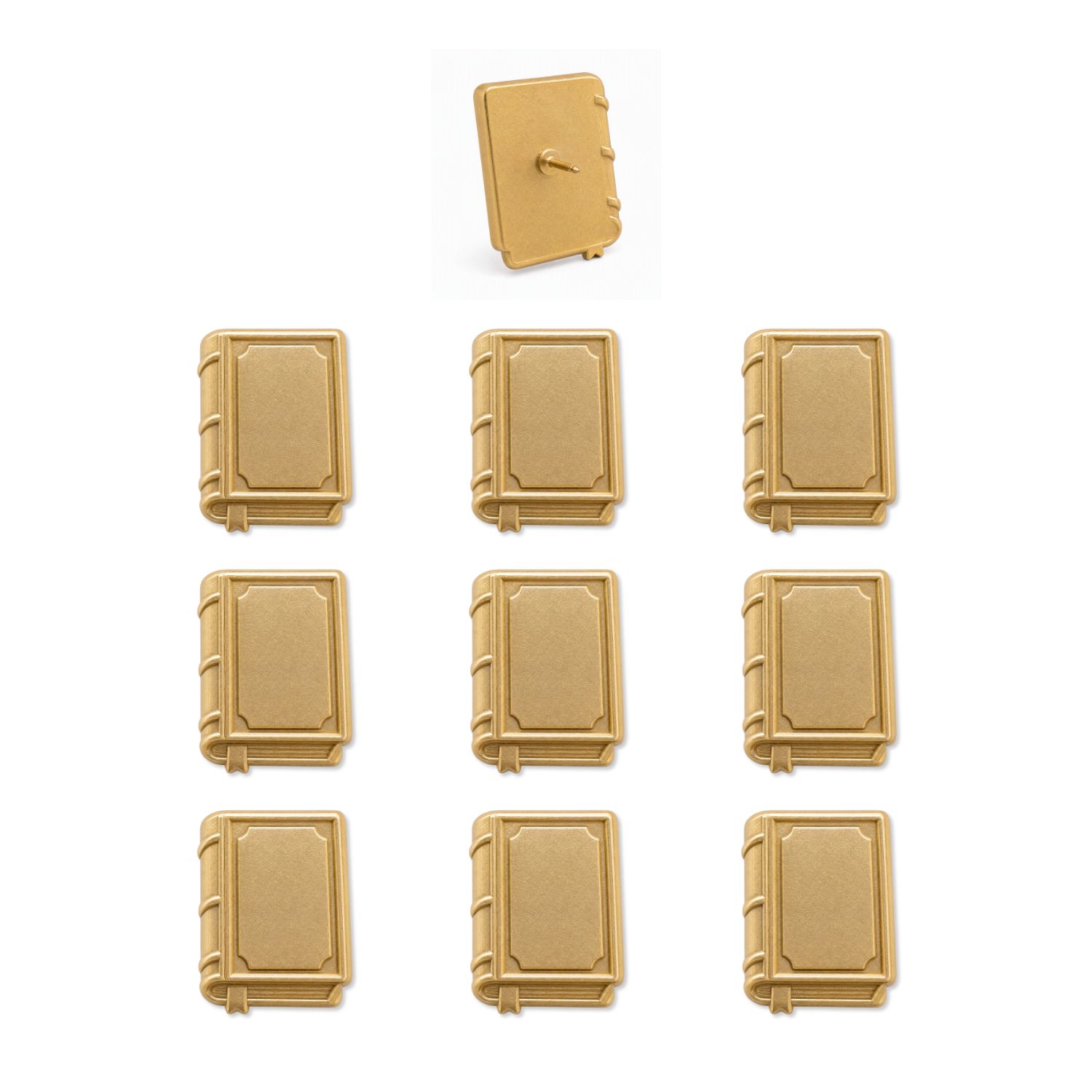Set of nine matte gold 3D metal book-shaped push pins with embossed covers and spine details