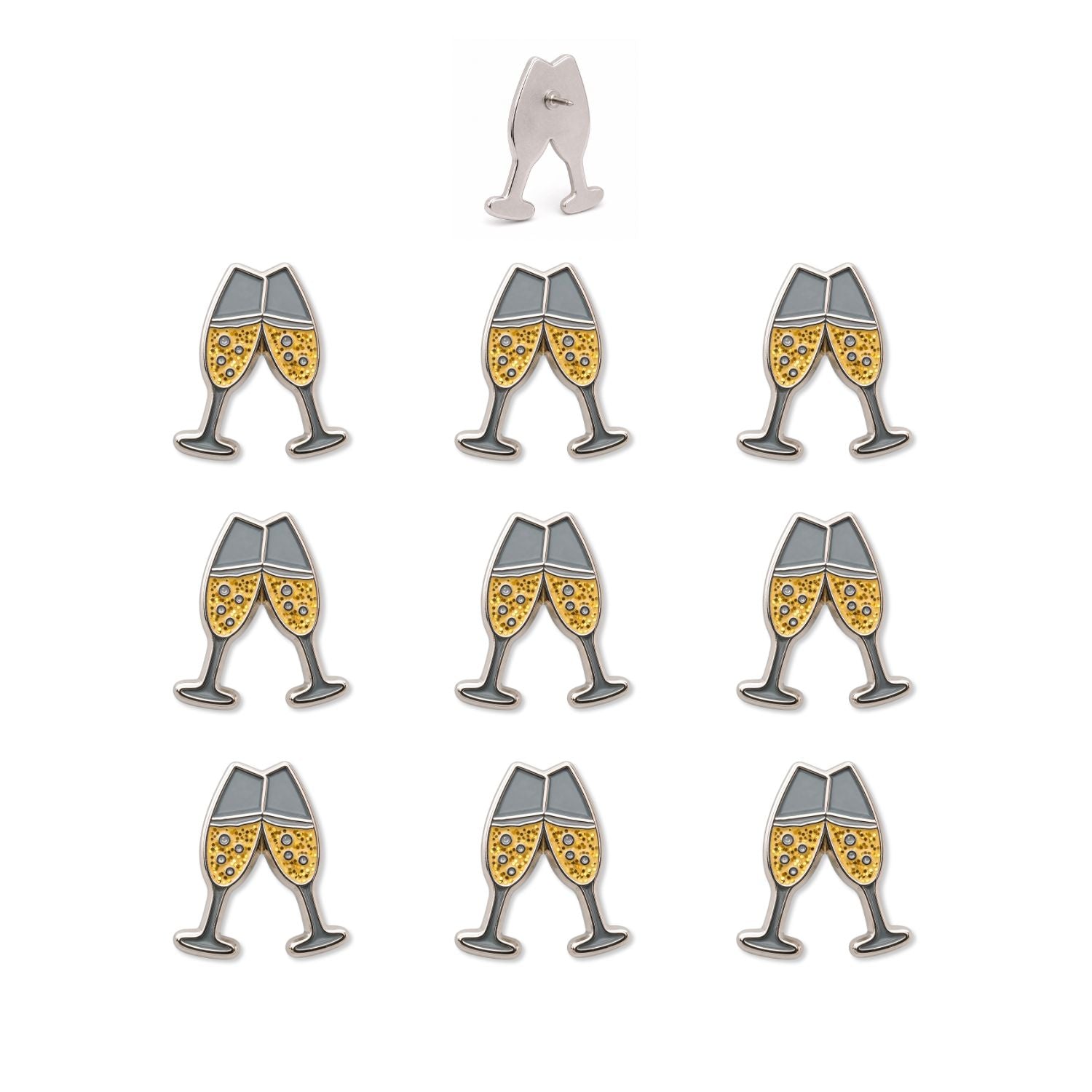 Set of nine champagne toast enamel push pins with gold glitter and silver nickel finish, back view shown top center