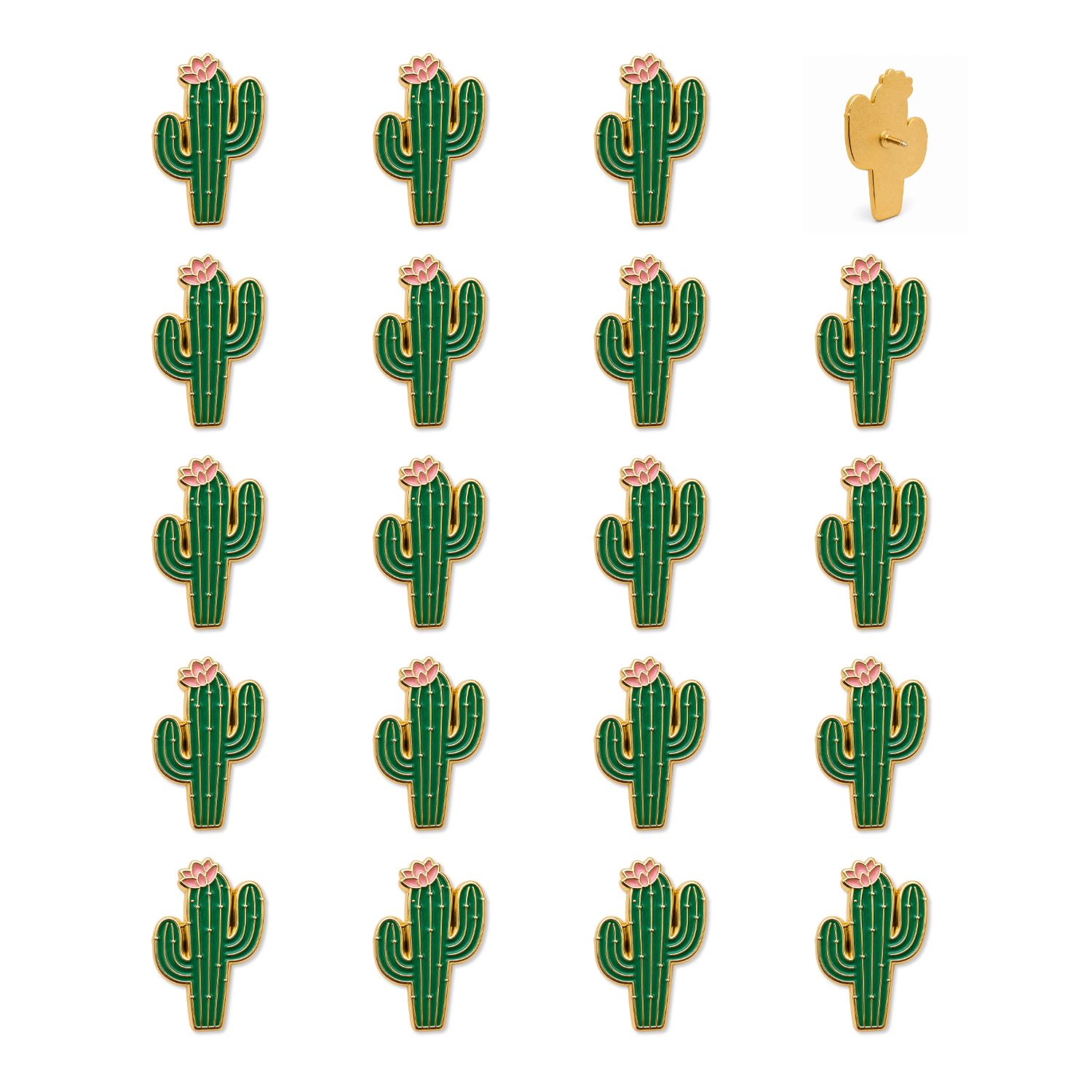 Set of 20 green gold enamel cactus push pins with pink blooms showing front and back views