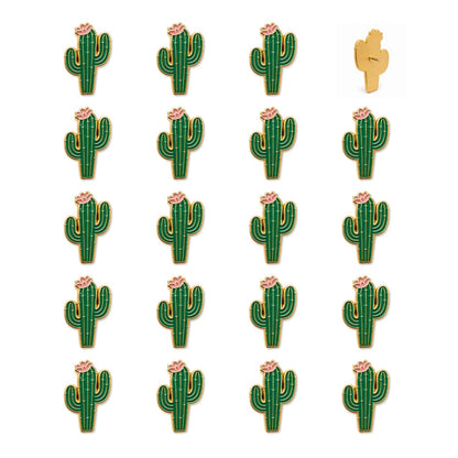 Set of 20 green gold enamel cactus push pins with pink blooms showing front and back views