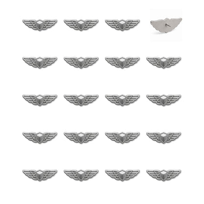 Set of 20 silver matte pilot wing push pins with 3D shield and feathered wings design