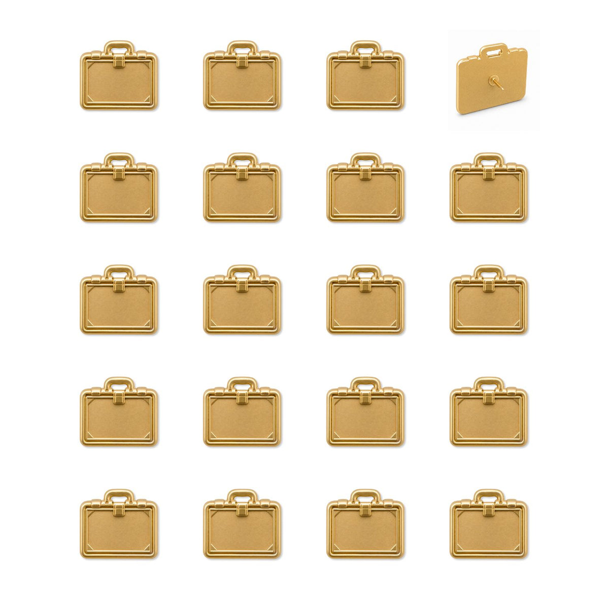 Set of 20 gold metal briefcase push pins with 3D clasp and handle details