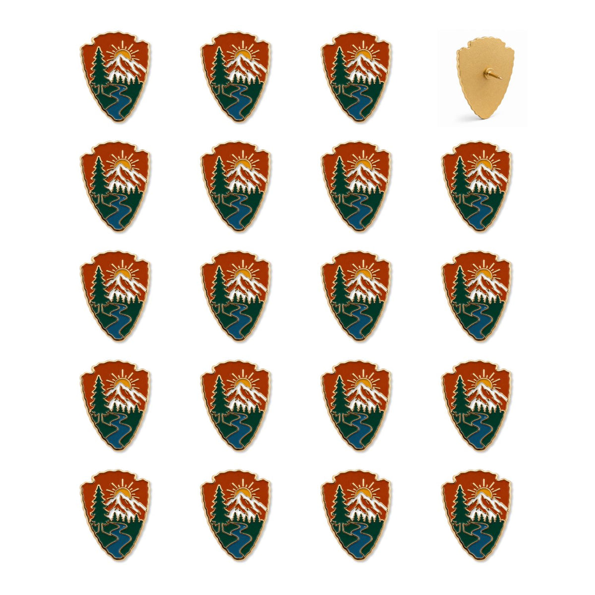 Bulk set of 19 national park arrowhead enamel push pins showing front and gold back views