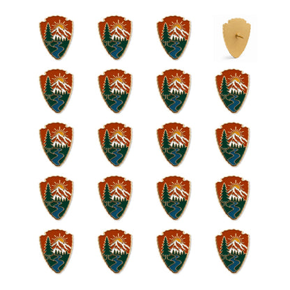 Bulk set of 19 national park arrowhead enamel push pins showing front and gold back views