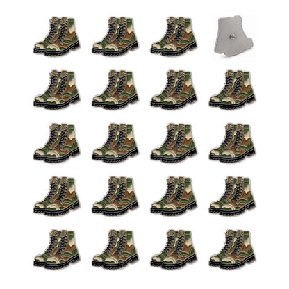Bulk set of 20 camo combat boot enamel lapel pins with silver butterfly clasp backs shown