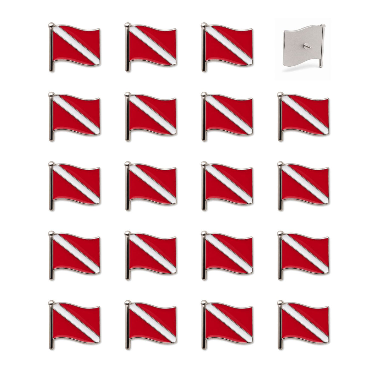Set of 20 red white enamel scuba dive flag lapel pins with silver nickel flagpole backs shown front and rear views