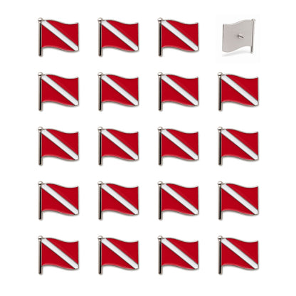 Set of 20 red white enamel scuba dive flag lapel pins with silver nickel flagpole backs shown front and rear views