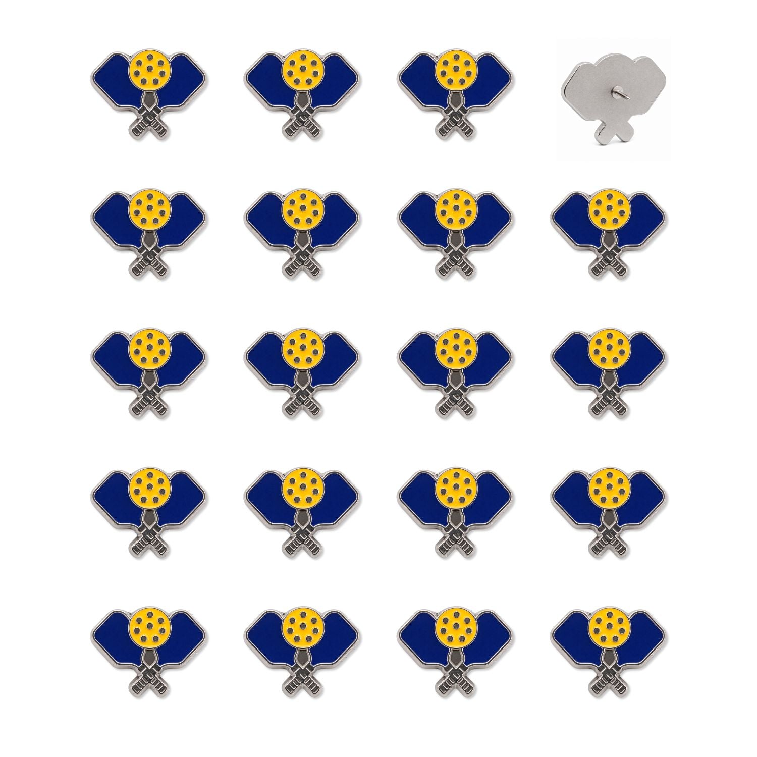 Set of 19 navy blue enamel pickleball paddle push pins with yellow ball detail and silver backs