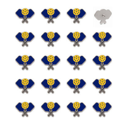 Set of 19 navy blue enamel pickleball paddle push pins with yellow ball detail and silver backs