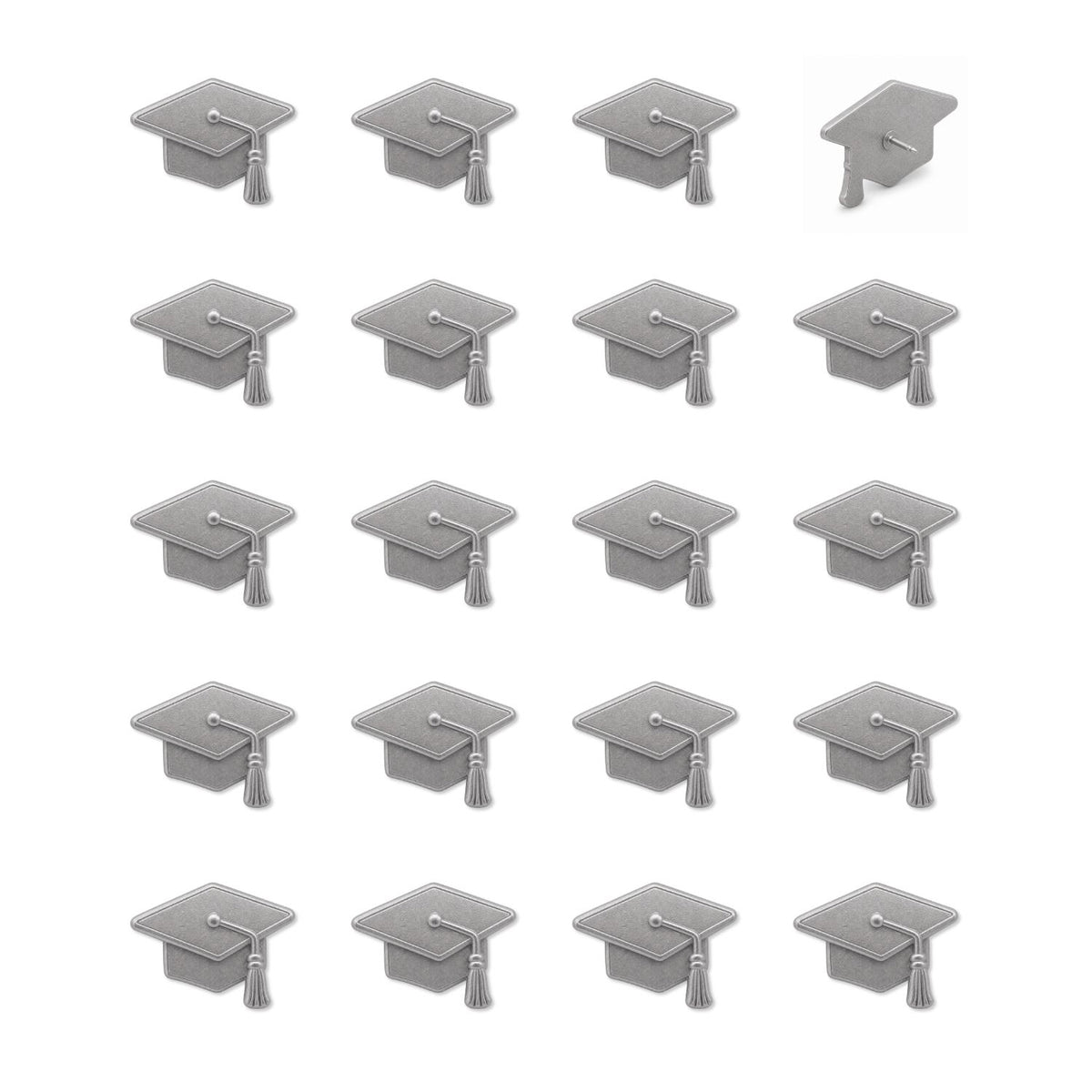 Set of 20 silver matte metal graduation cap push pins with 3D mortarboard tassel design