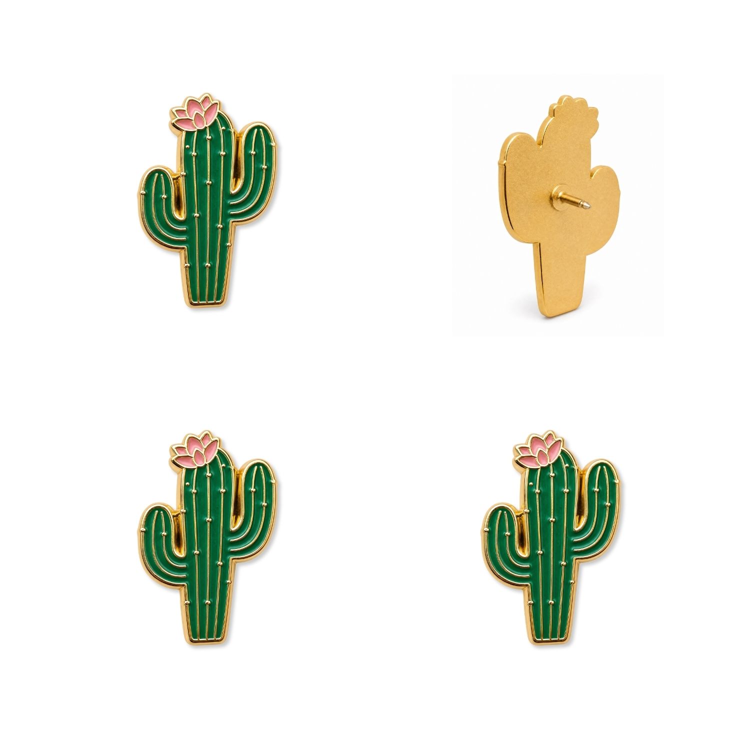 Green enamel cactus push pins with pink bloom and gold outline shown front and back views