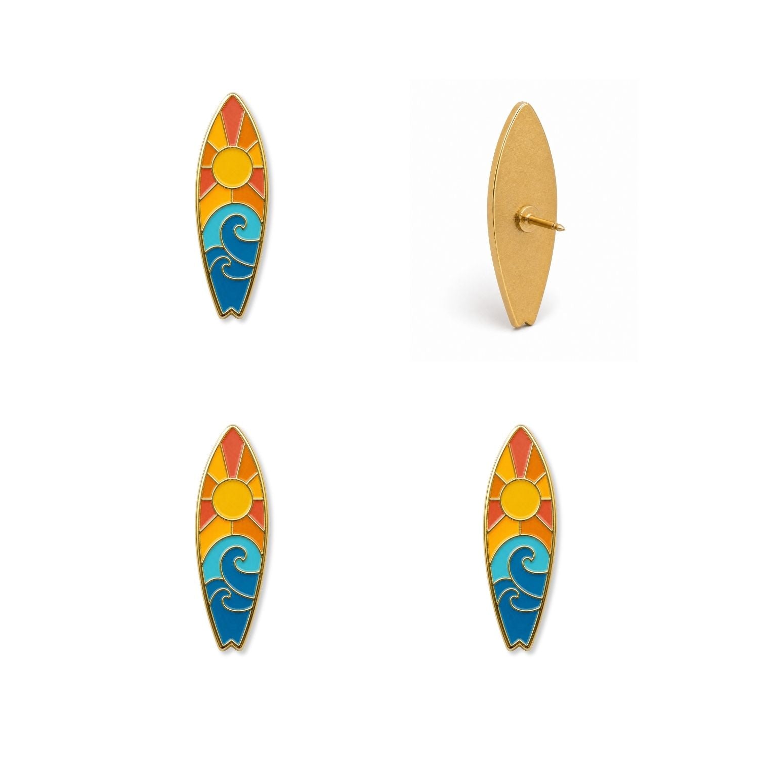 Colorful surfboard enamel push pins featuring sunset sun and ocean waves design front and back views