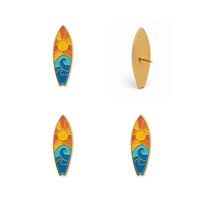 Colorful surfboard enamel push pins featuring sunset sun and ocean waves design front and back views