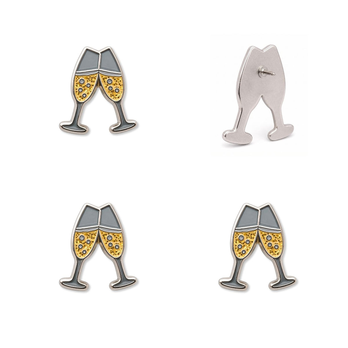 Champagne clinking glasses enamel push pins front back views gold glitter nickel finish celebration map pins