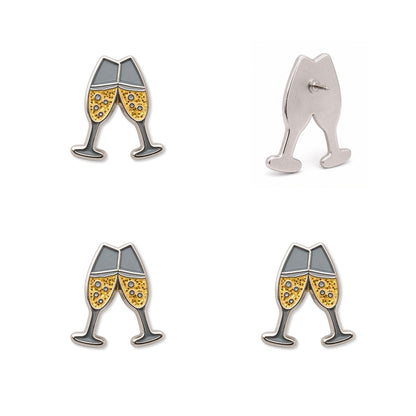 Champagne clinking glasses enamel push pins front back views gold glitter nickel finish celebration map pins