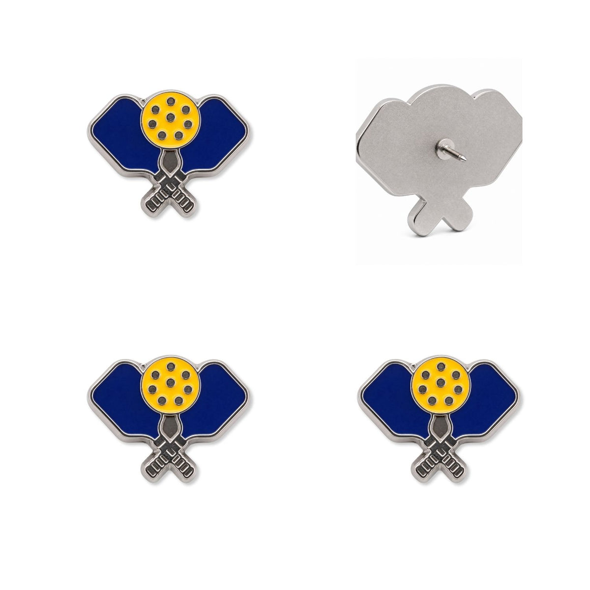 Blue and yellow enamel pickleball paddle push pins showing front and back views on white background
