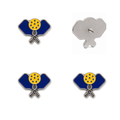 Blue and yellow enamel pickleball paddle push pins showing front and back views on white background