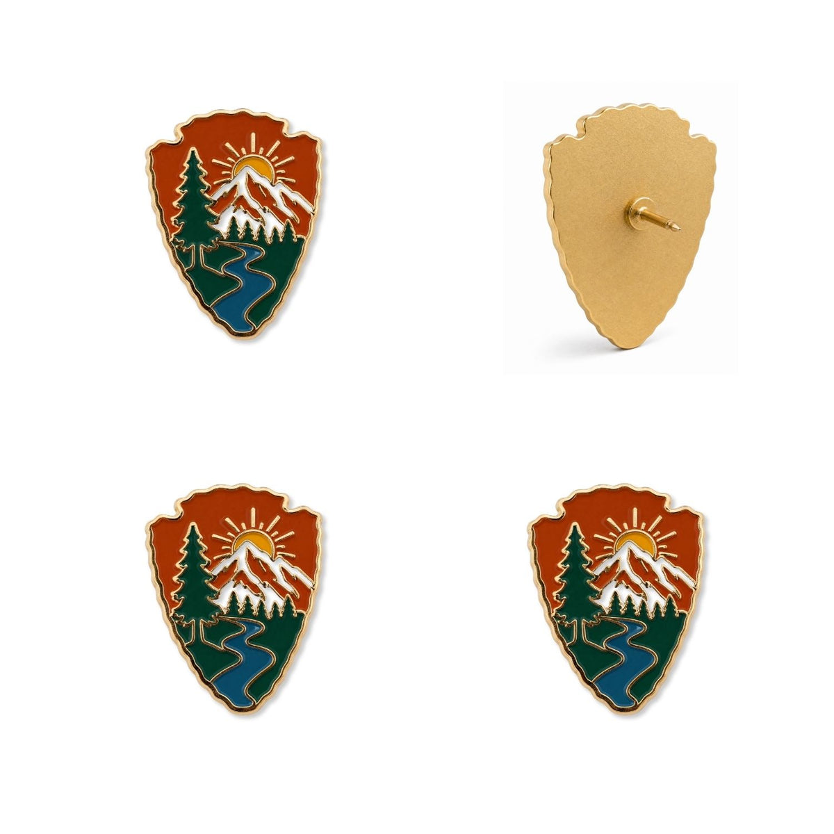 Arrowhead enamel national park push pins front and back views showing mountain river forest design