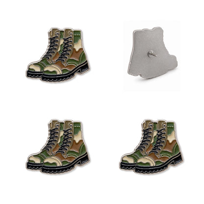 Three camouflage combat boot enamel pins front view plus silver pin back shown on white background