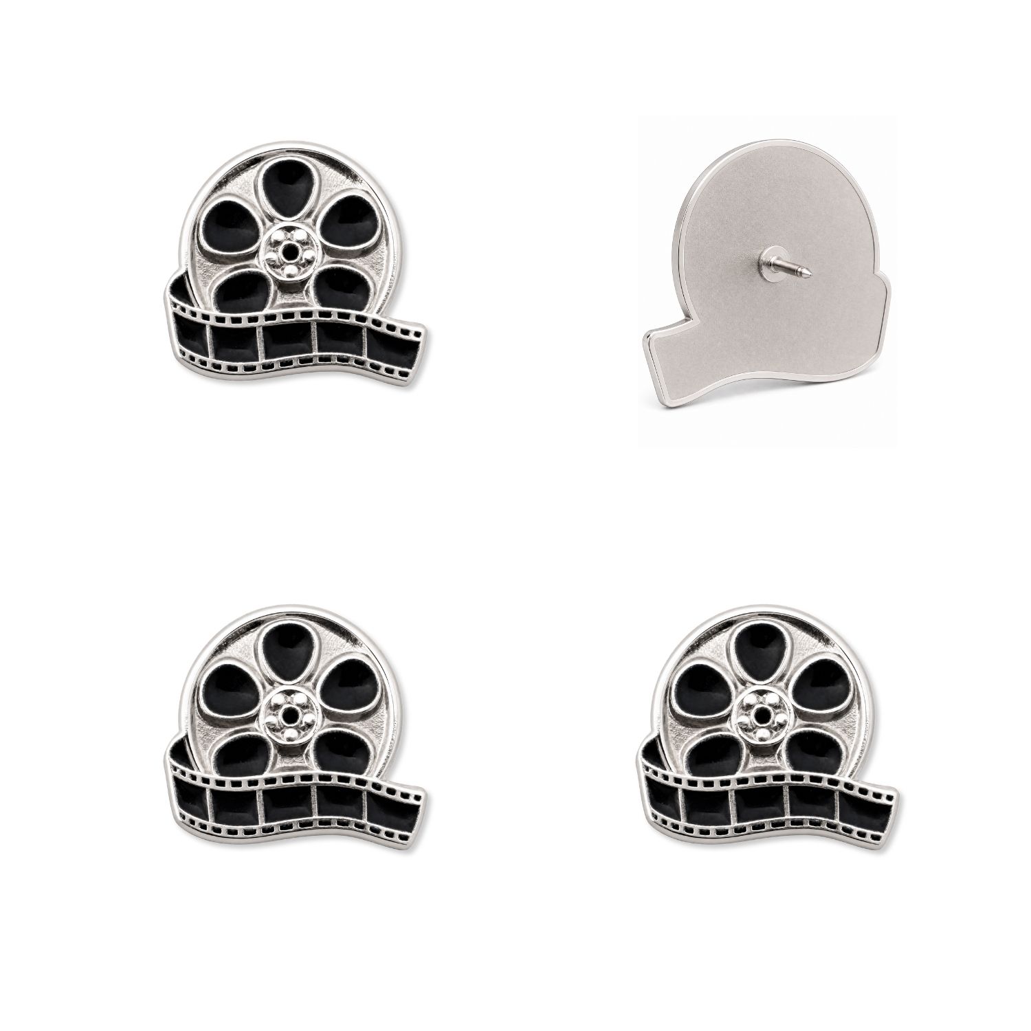 Silver and black enamel movie film reel push pins front and back view set of four