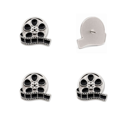 Silver and black enamel movie film reel push pins front and back view set of four