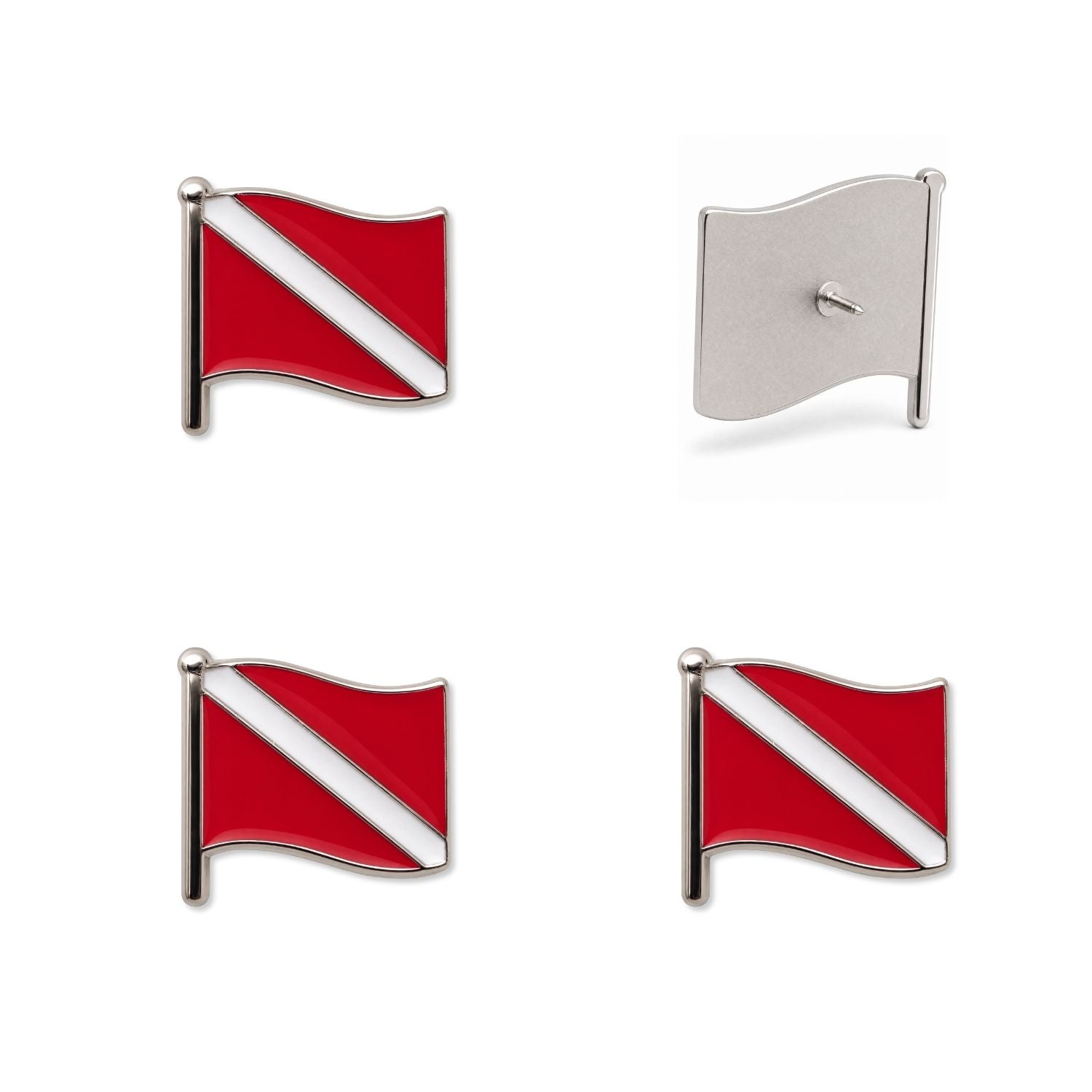 Four red white enamel scuba dive flag lapel pins showing front and back views with silver nickel finish