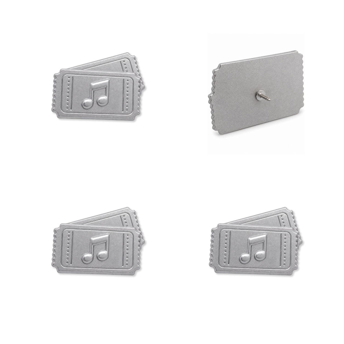 Silver metal concert ticket push pins showing front and back views with embossed music note design