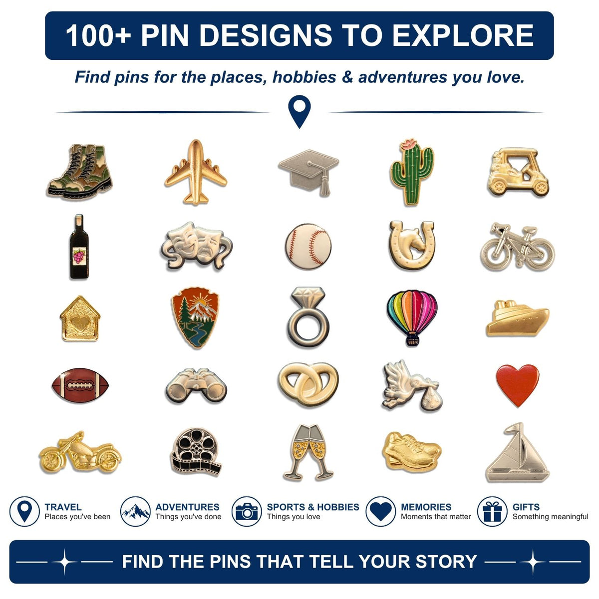 Collection of 100+ enamel lapel pins including travel, sports, hobby, and adventure designs displayed on white background