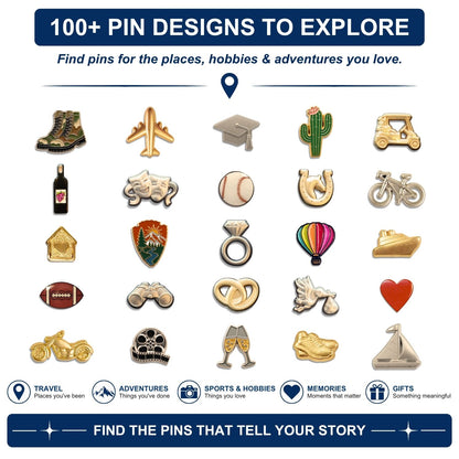 Champagne push pins among 100 enamel lapel pin designs for travel hobbies celebrations
