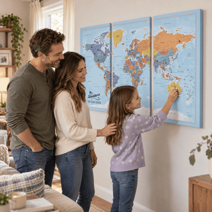 3 Panel - Blue Oceans World Large Travel Map