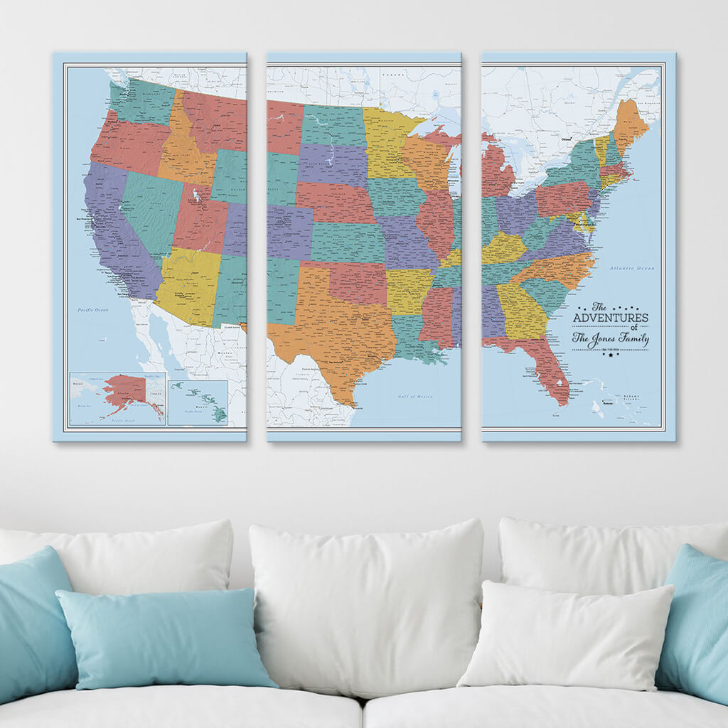 3 Panel Blue Oceans USA Canvas Map