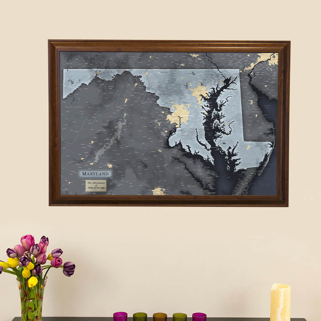 Framed Maryland State Slate Push Pin Travel Map with Pins
