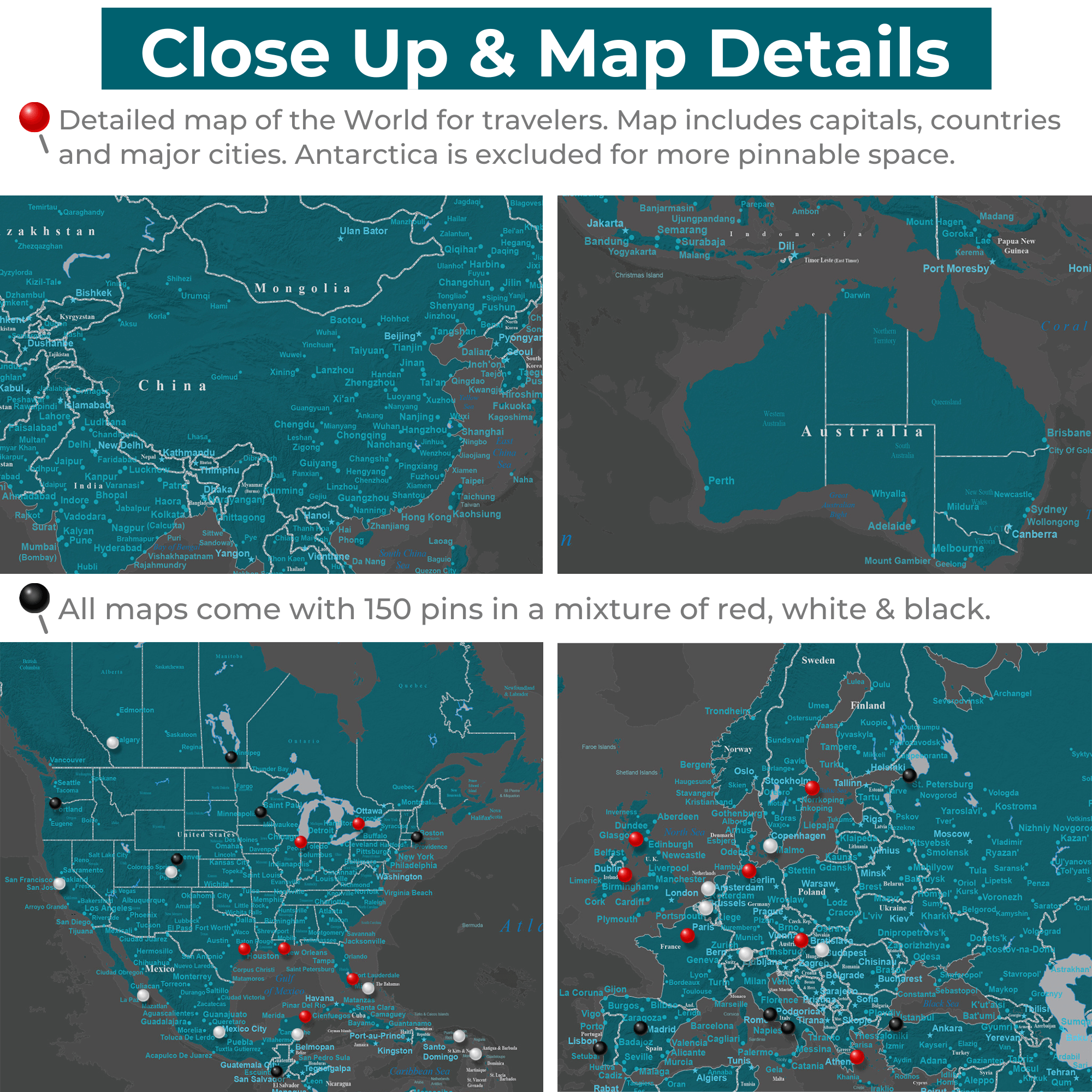 Gallery Wrapped - Midnight Dream World Push Pin Map with Pins