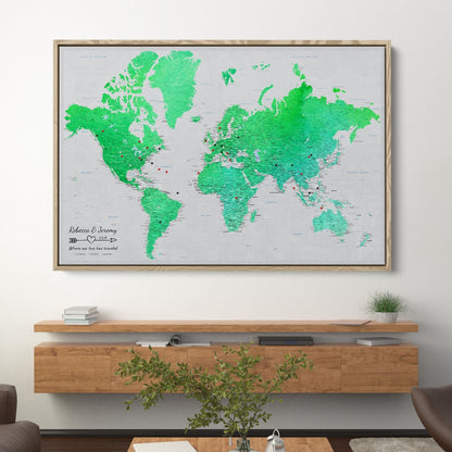 Canvas - Enchanting Emerald Watercolor World Travel Map with pins