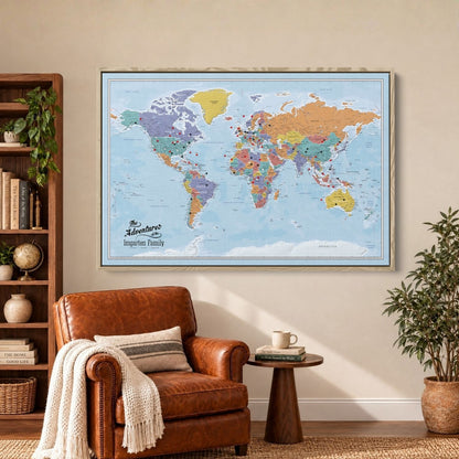Canvas - Blue Oceans World Travel Map with pins