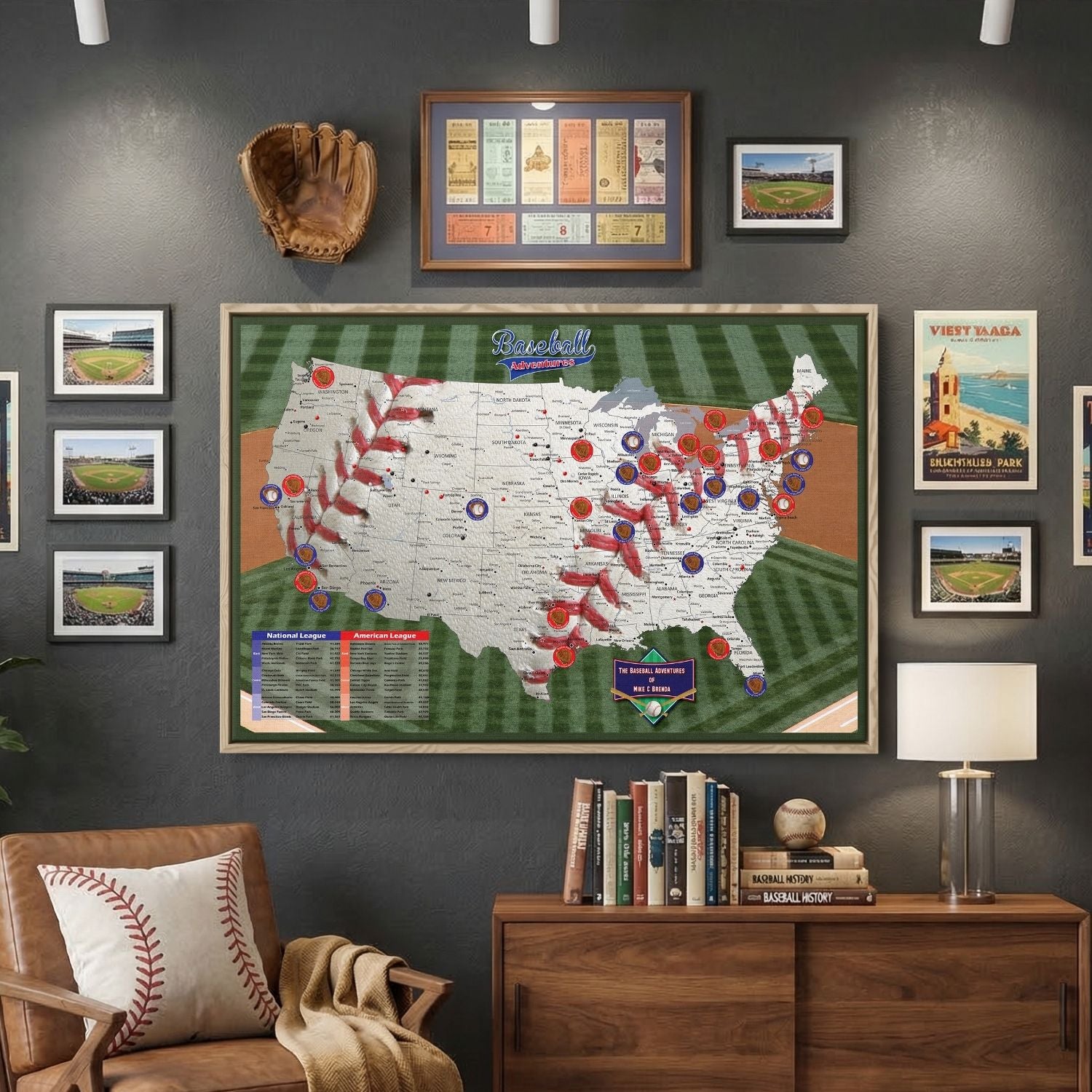 Personalized baseball adventures push pin travel map canvas displayed in sports-themed home office wall decor