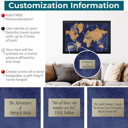 Navy and Gold World Wall Map Personalization Info