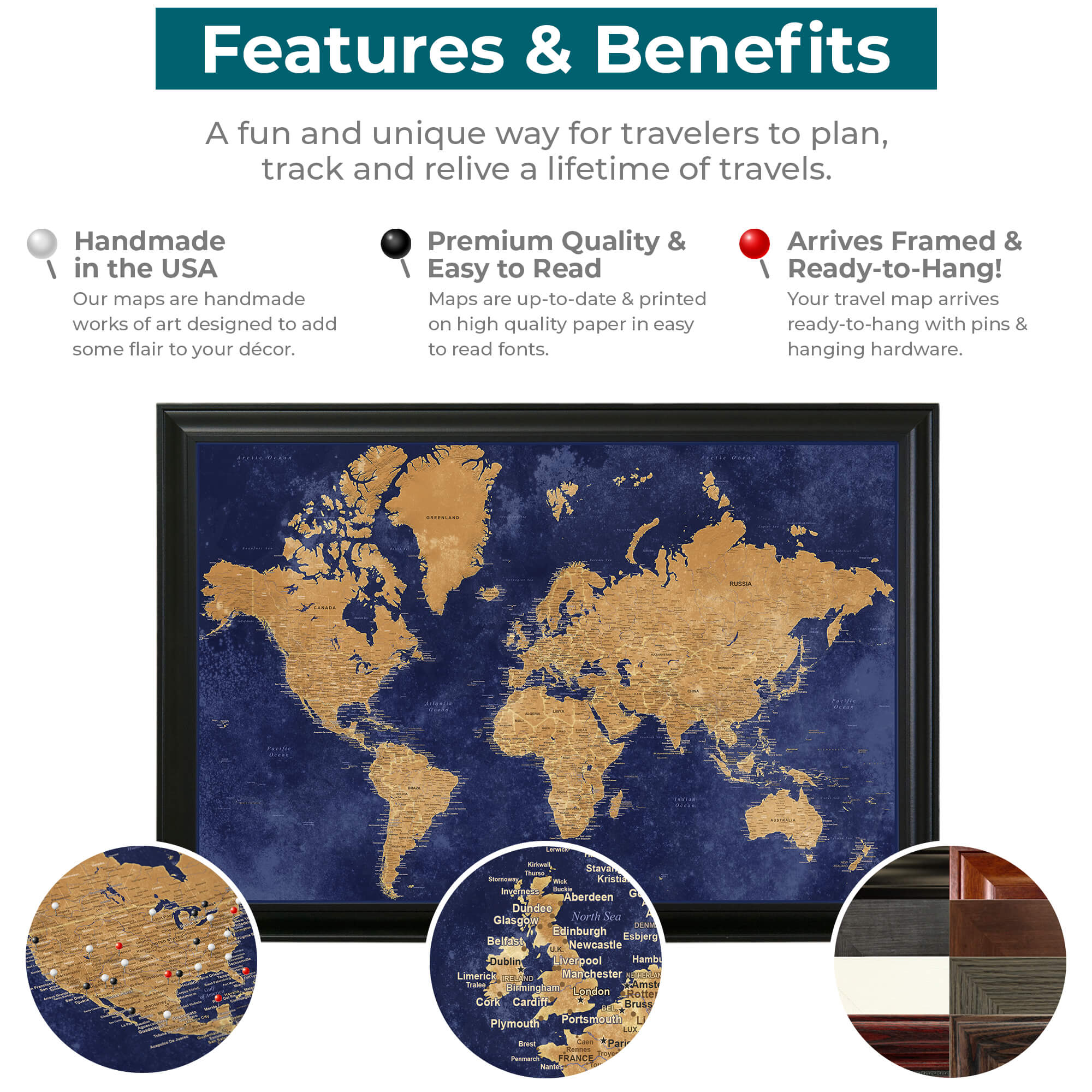 Navy and Gold World Travel Map Features & Benefits