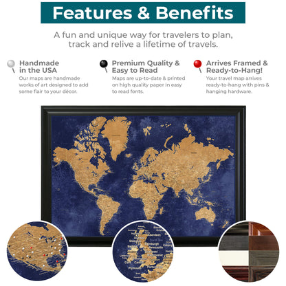Navy and Gold World Travel Map Features & Benefits