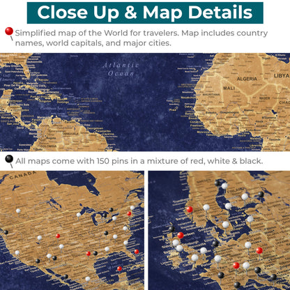Close up details of Gold and Navy World Pin Map